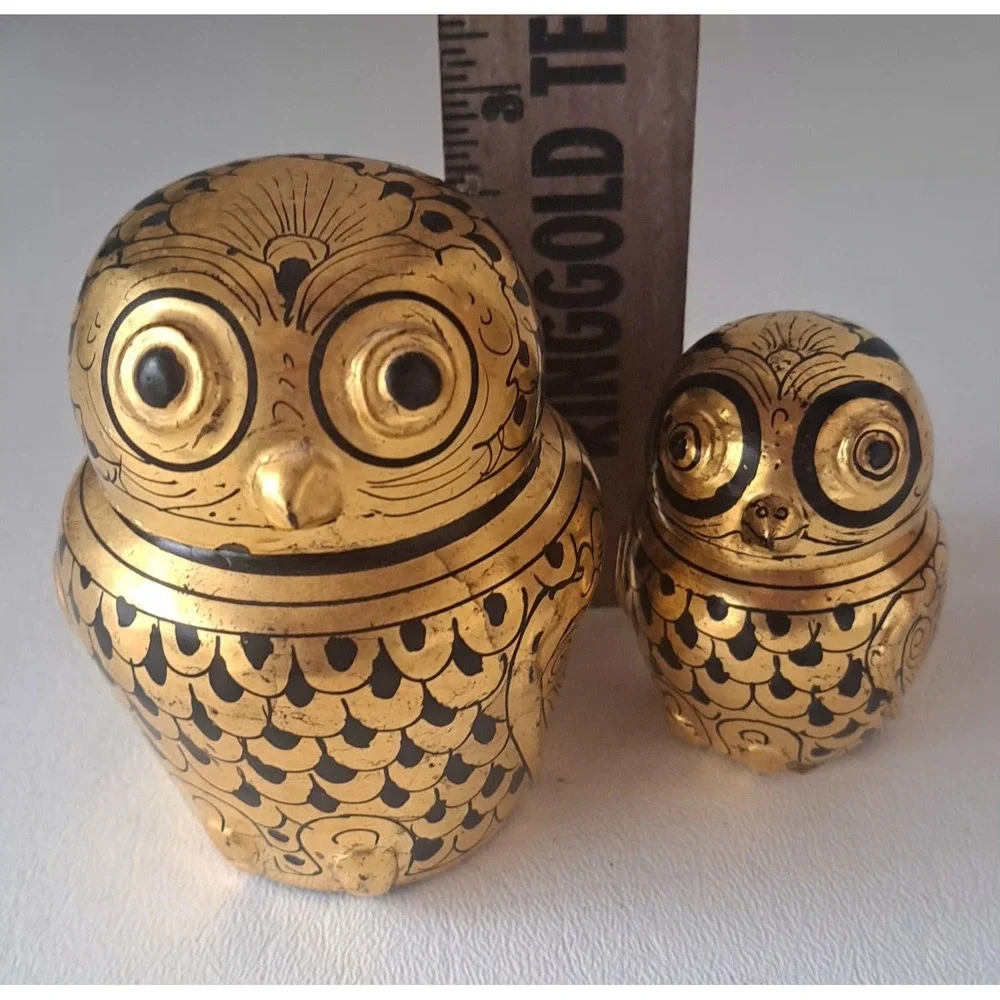 Vintage Burmese Owl Gold Gilt Lacquer Nesting Boxes Set Of 2